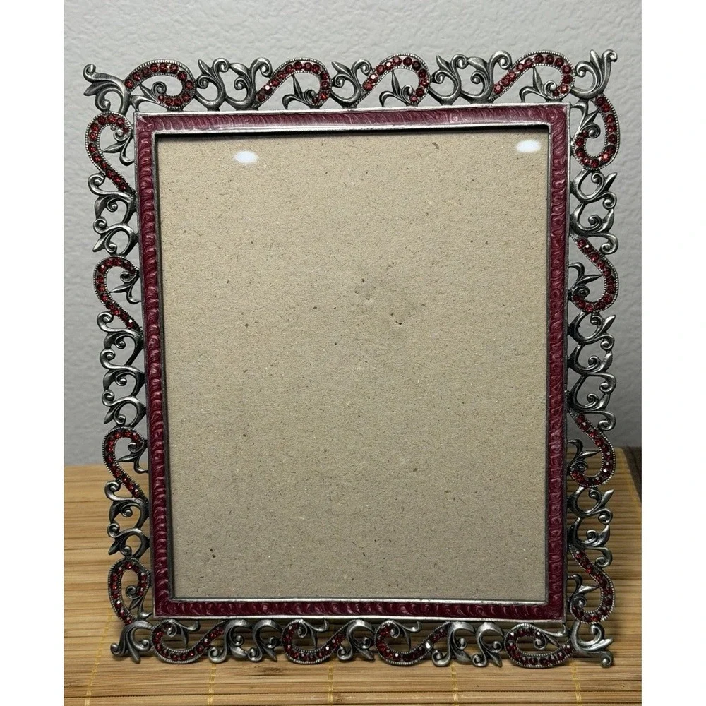 Vtg. Gothic Romantic Victorian Silver Filagree Frame With Red Rhinestone Border